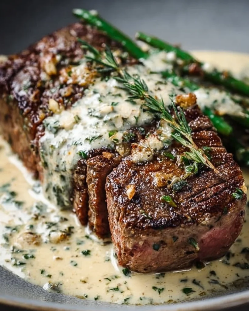 Garlic Butter Steak drizzled with Parmesan Cream Sauce ready to serve.