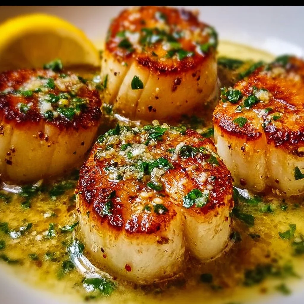 Plate of garlic lemon butter seared scallops garnished with fresh herbs