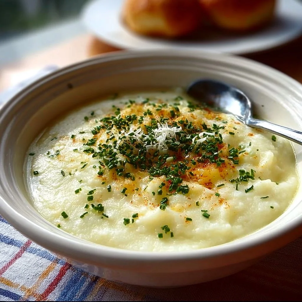 Bowl of creamy Garlic Mashed Potato Soup garnished with herbs and served warm.