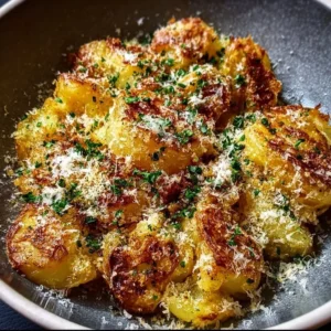 Plate of Garlic Parmesan Smashed Potatoes with herbs and spices
