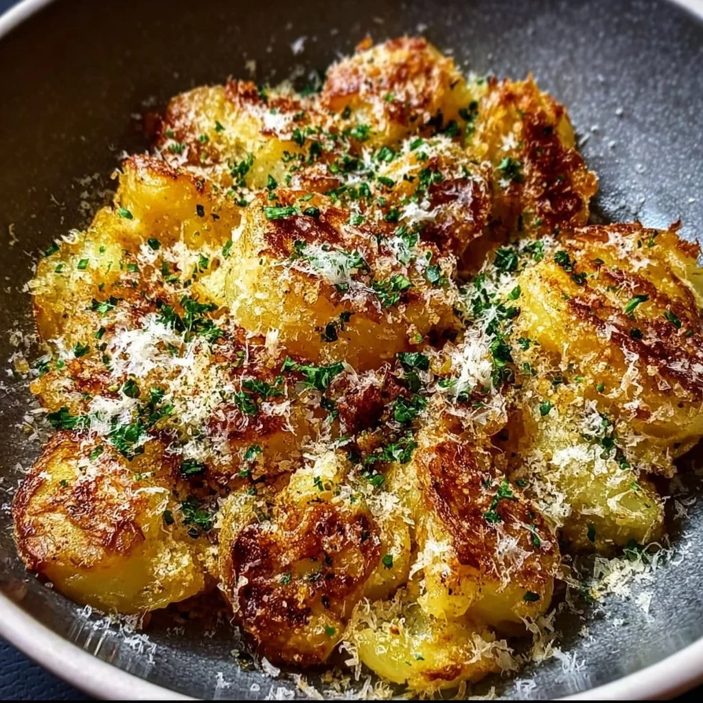 Plate of Garlic Parmesan Smashed Potatoes with herbs and spices