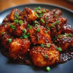 Delicious Gochujang Chicken served with rice and vegetables