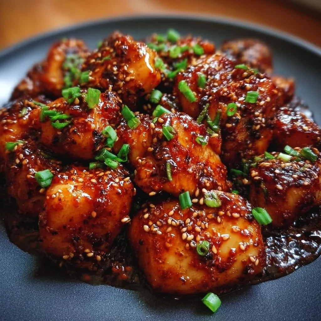 Delicious Gochujang Chicken served with rice and vegetables