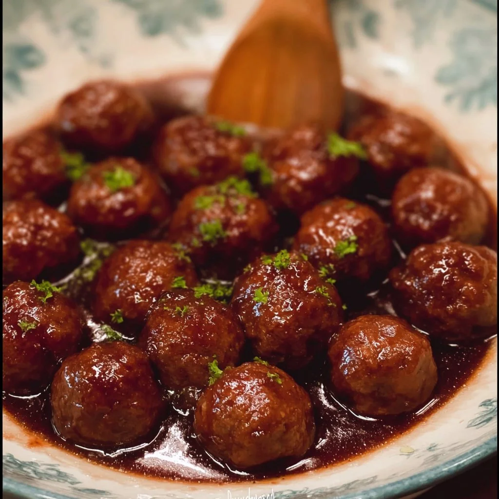 Delicious grape jelly meatballs served on a platter with toothpicks