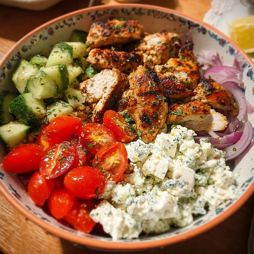 Delicious Greek Chicken Bowl with fresh vegetables and herbs
