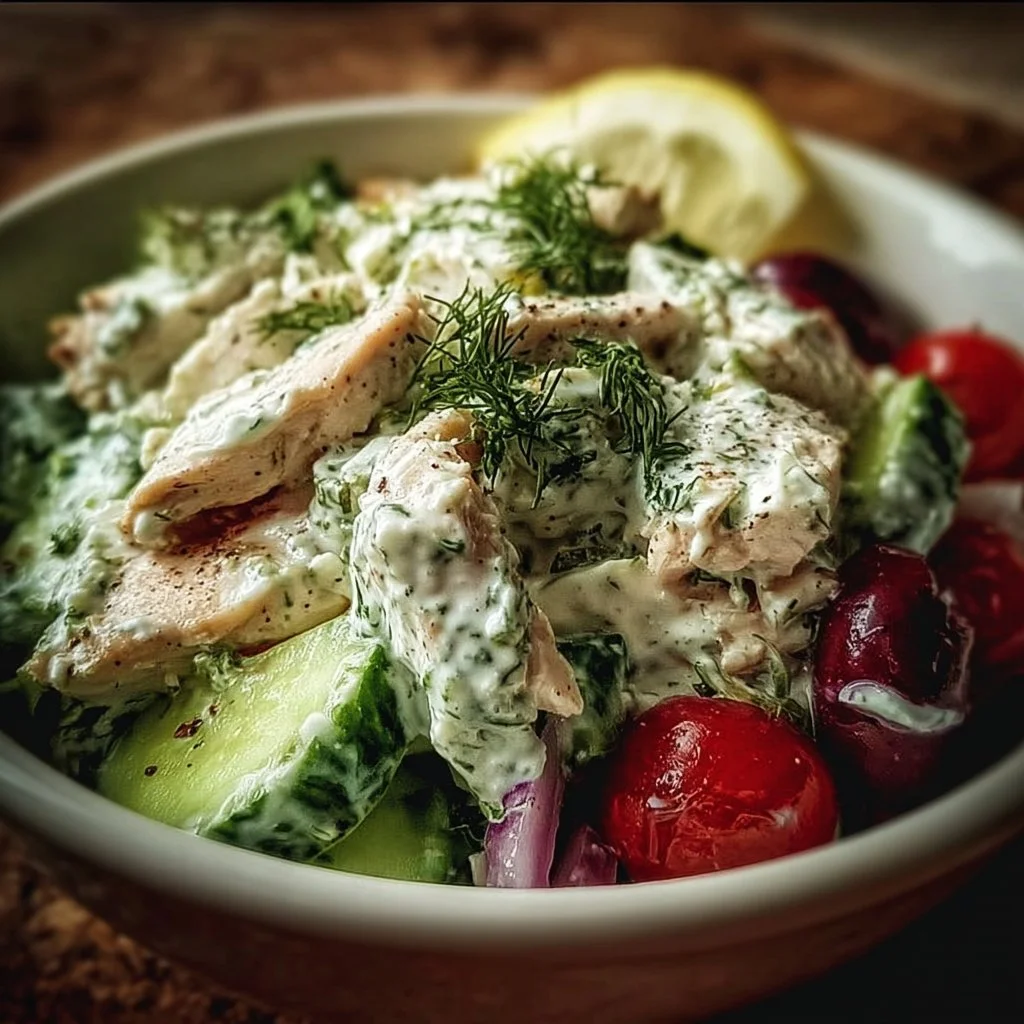 Delicious Greek Tzatziki Chicken Salad Bowl with fresh vegetables and herbs