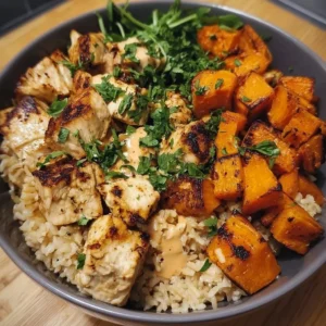 Healthy chicken and sweet potato rice bowl, nutritious and delicious meal