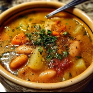 Bowl of hearty potato bean soup with fresh herbs and vegetables