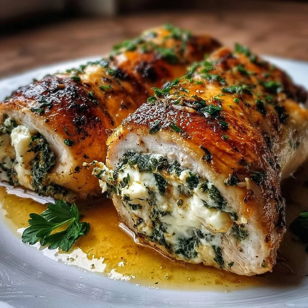 Herbed Ricotta Stuffed Chicken Rolls served on a plate with fresh herbs.