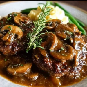 Homemade Salisbury steak served with gravy and mashed potatoes