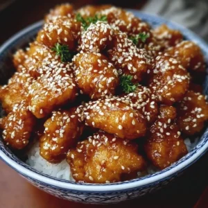 Delicious Honey Sesame Chicken served with sesame seeds and vegetables