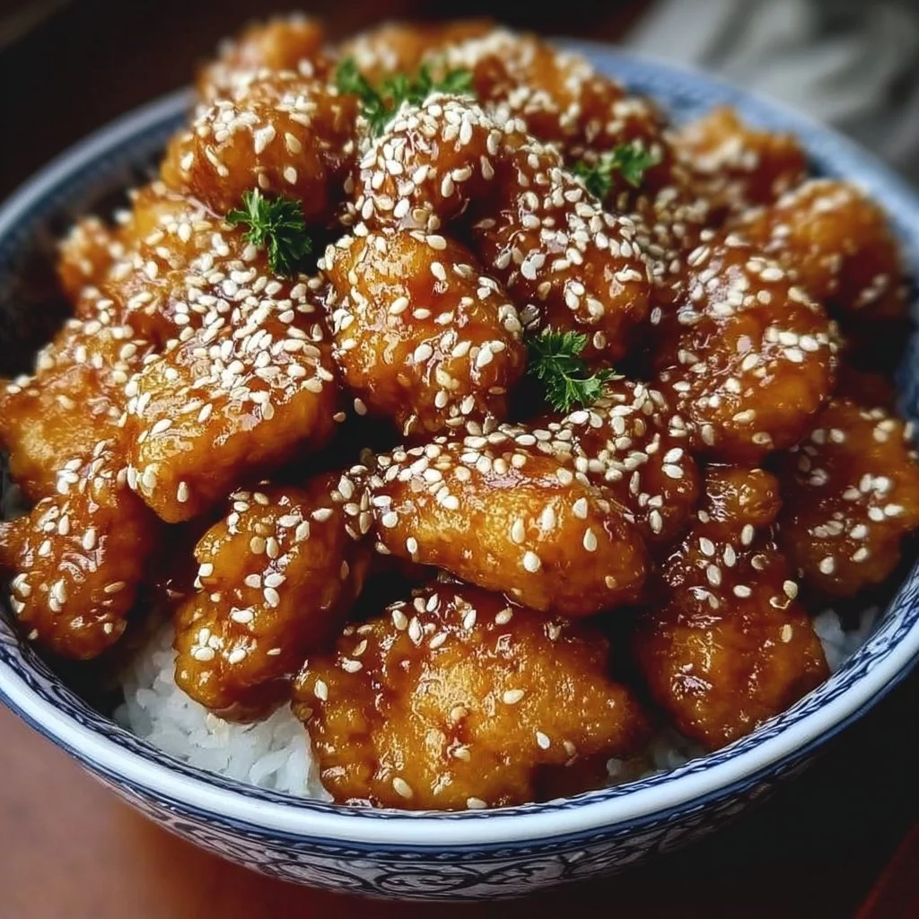 Delicious Honey Sesame Chicken served with sesame seeds and vegetables