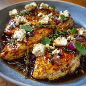 Hot honey infused feta chicken served on a plate with garnishes