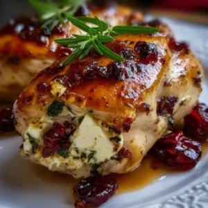 Impressive Cranberry Brie Stuffed Chicken served on a plate with garnish