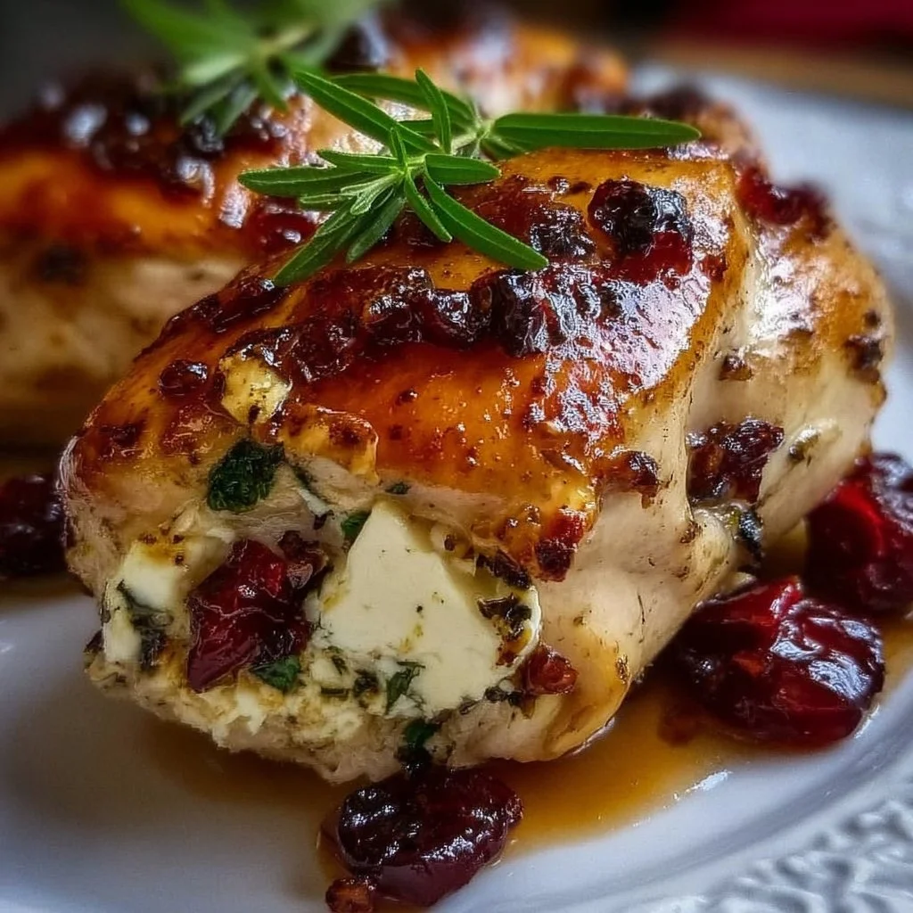 Impressive Cranberry Brie Stuffed Chicken served on a plate with garnish