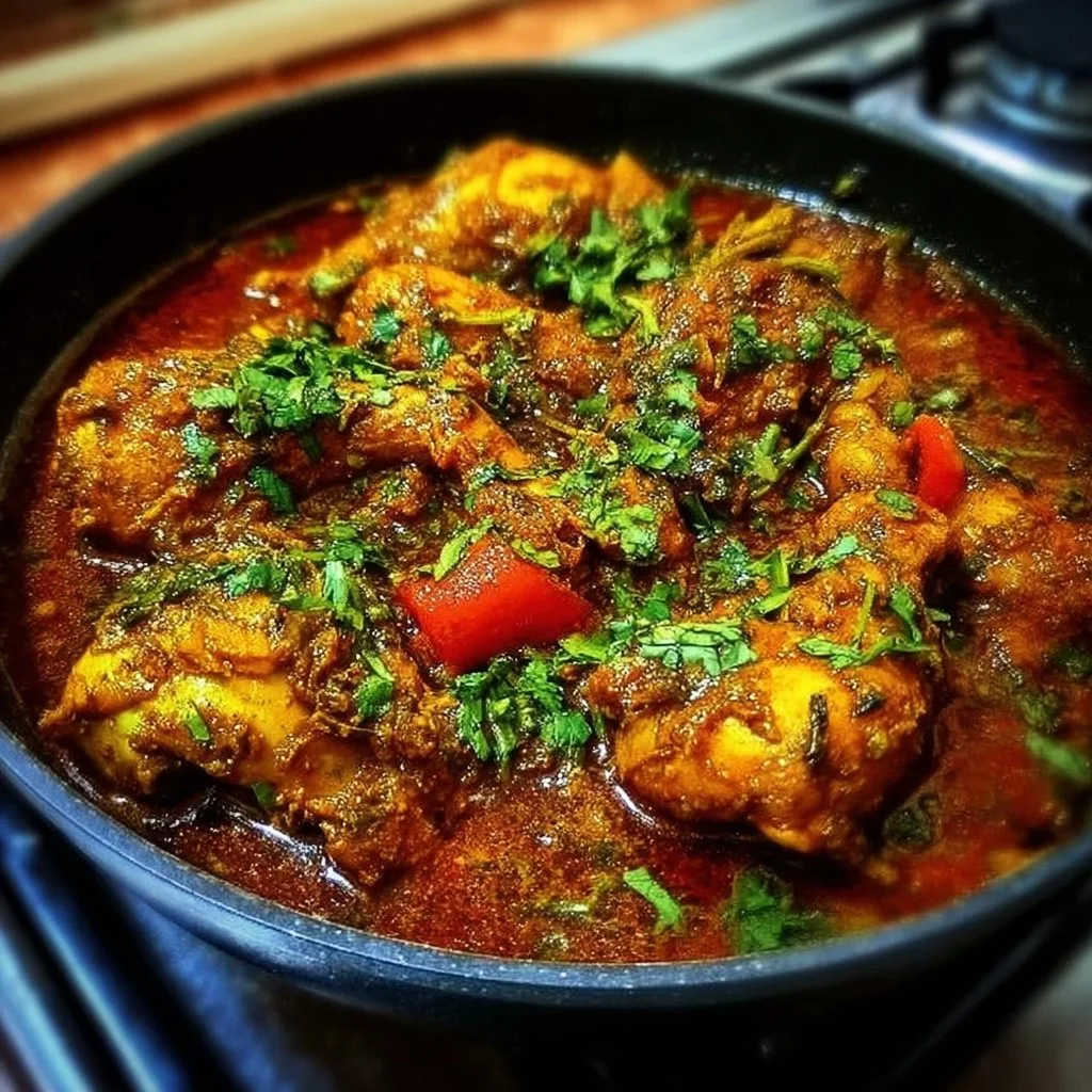 Bowl of flavorful Indian chicken curry garnished with fresh cilantro