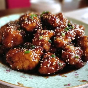 Delicious Sticky Honey Chicken garnished with sesame seeds and herbs