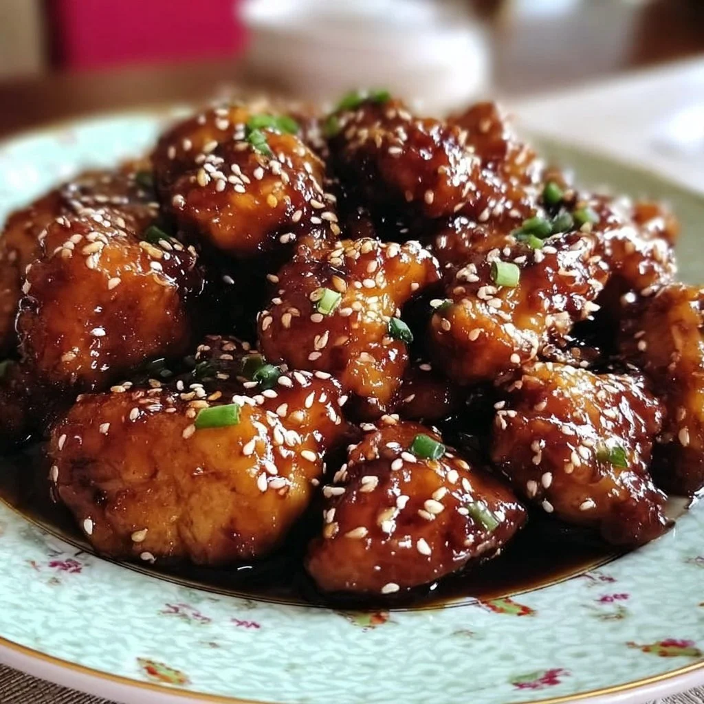 Delicious Sticky Honey Chicken garnished with sesame seeds and herbs