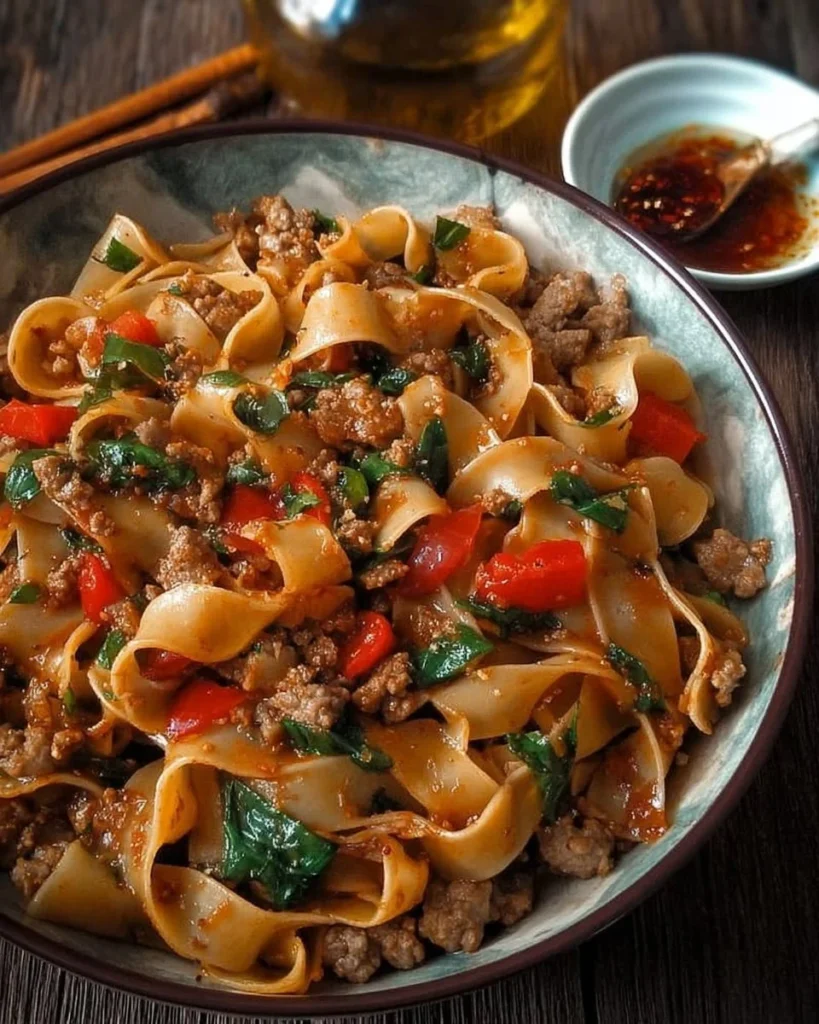 Plate of Italian Drunken Noodles, showcasing bold flavors and vibrant ingredients.