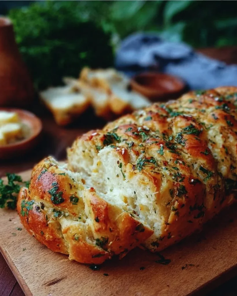 Freshly baked Italian Herbs and Cheese Bread on a wooden cutting board.