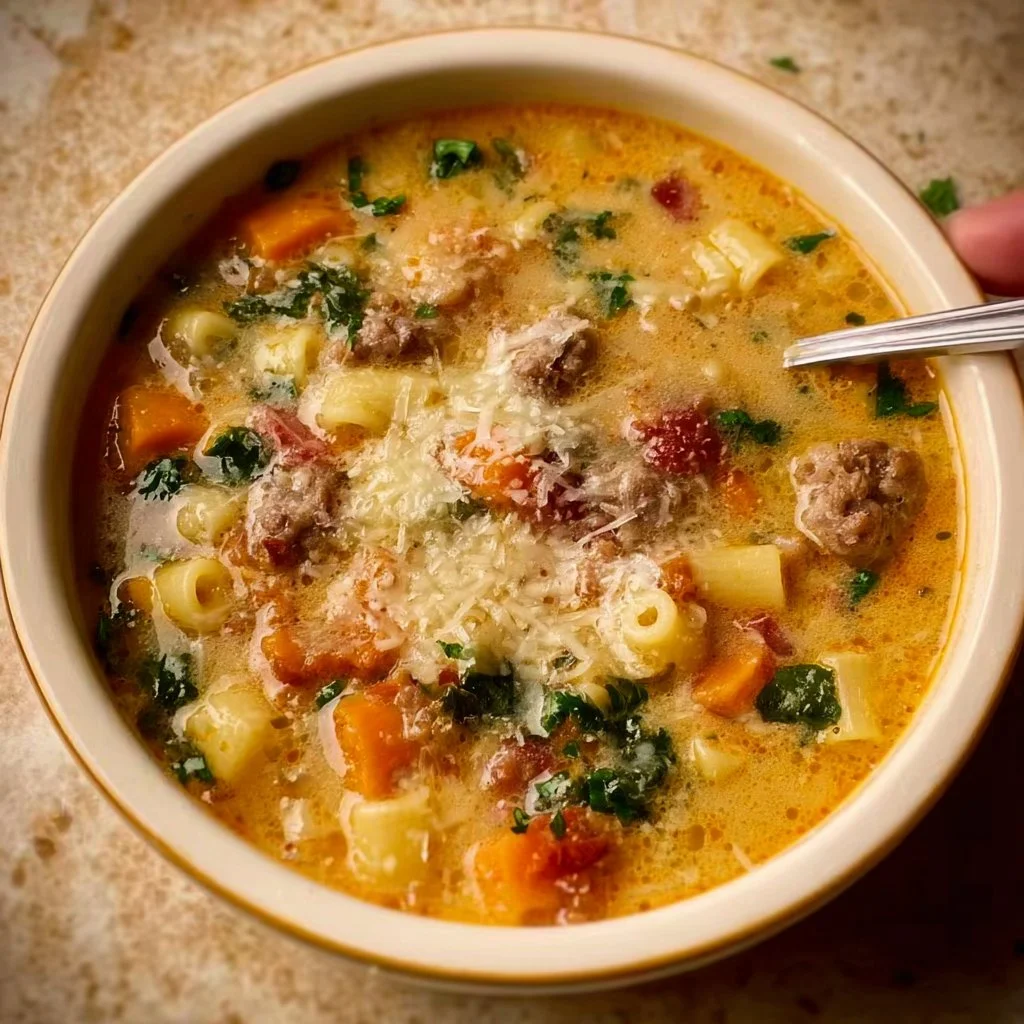 Bowl of Italian Sausage Pasta Soup garnished with fresh herbs