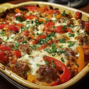 Italian Sausage and Pepper Casserole served in a rustic dish