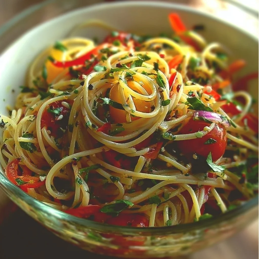 Colorful bowl of Italian Spaghetti Salad with fresh ingredients and dressing