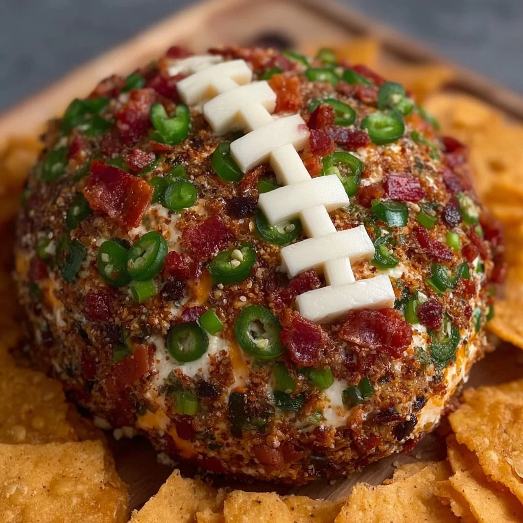 Jalapeño Popper Football Cheese Ball ready for game day celebration