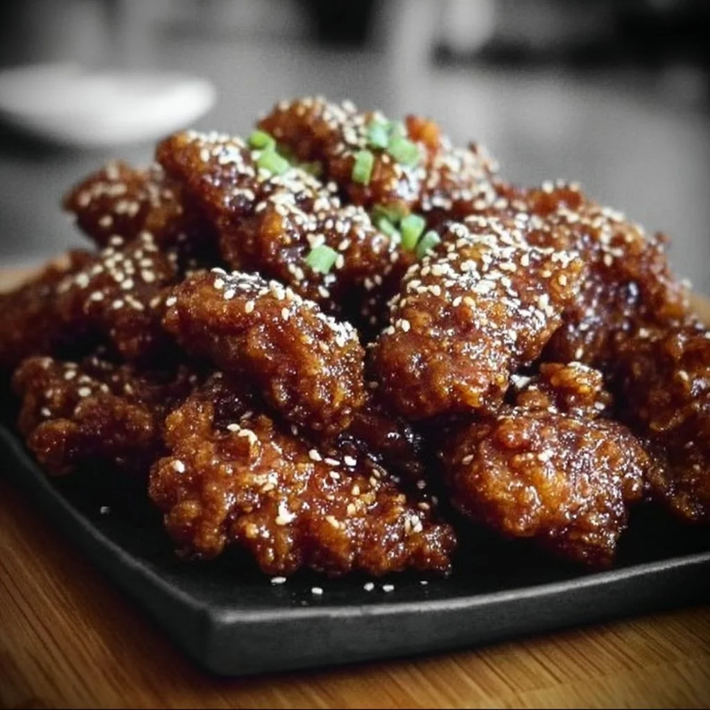 Plate of crispy Korean Fried Chicken with dipping sauce and side dishes