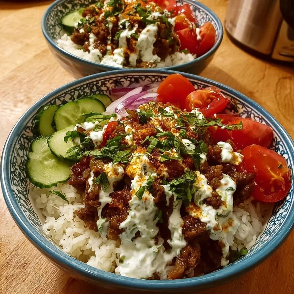 A delicious lamb gyro bowl topped with fresh vegetables and sauces.