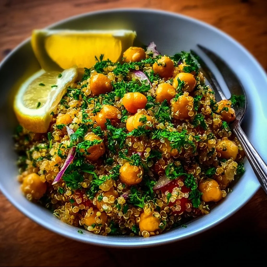 Plate of Lemon Herb Quinoa with Chickpeas garnished with herbs