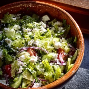 Fresh Greek Salad with lettuce, tomatoes, cucumbers, olives, and feta cheese.