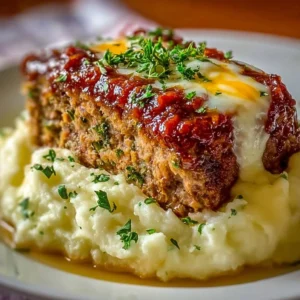 Delicious meatloaf served with mashed potatoes and melted cheese