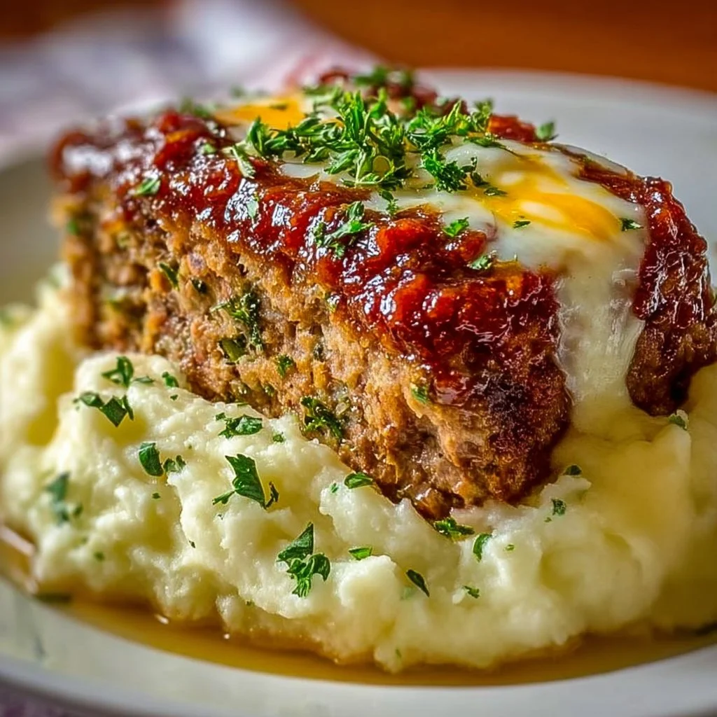 Delicious meatloaf served with mashed potatoes and melted cheese