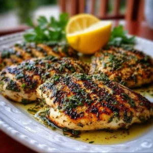 Mediterranean herb crusted grilled chicken served with fresh vegetables