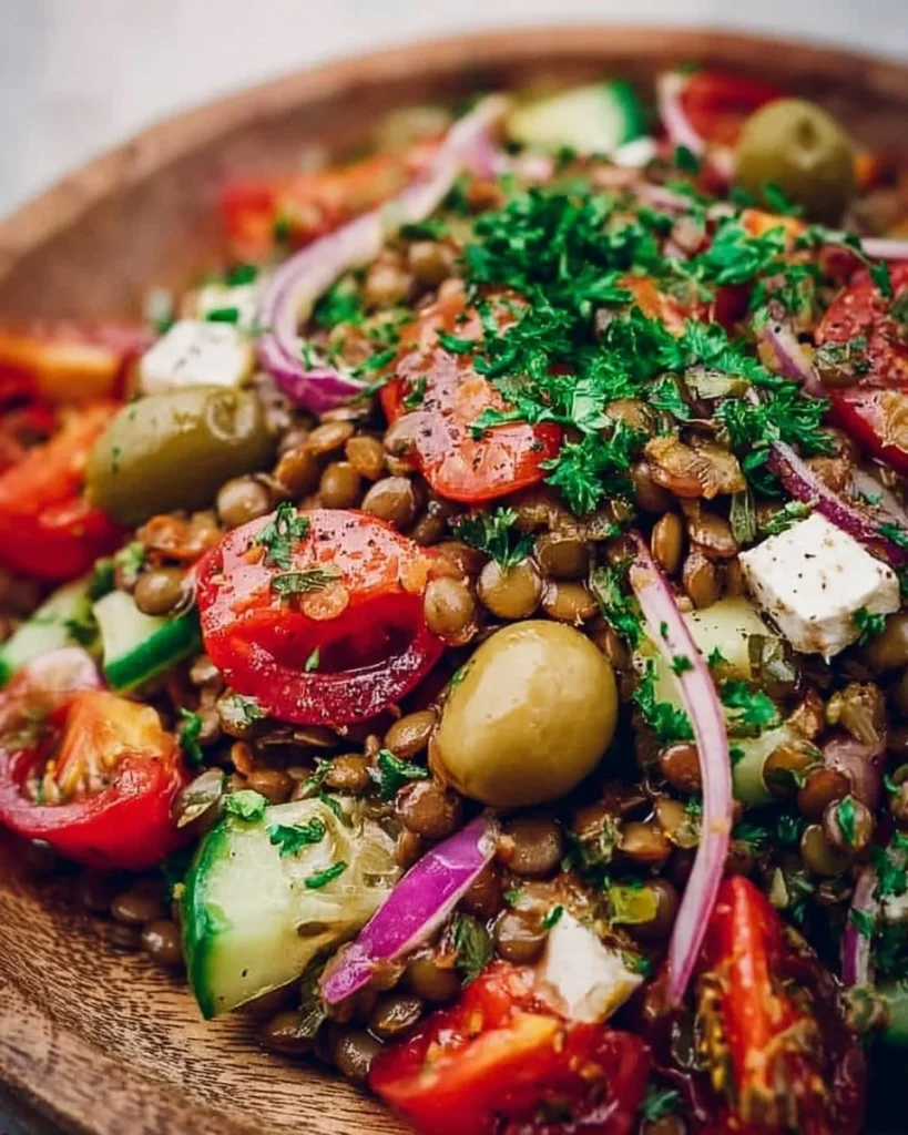 A vibrant Mediterranean Lentil Salad featuring lentils, vegetables, and herbs.