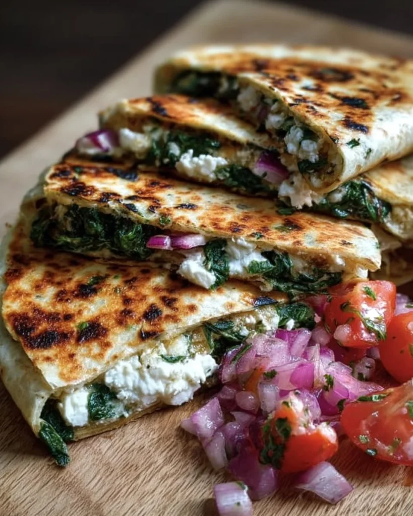 Mediterranean quesadillas with spinach, feta, mozzarella, and red onion on a plate