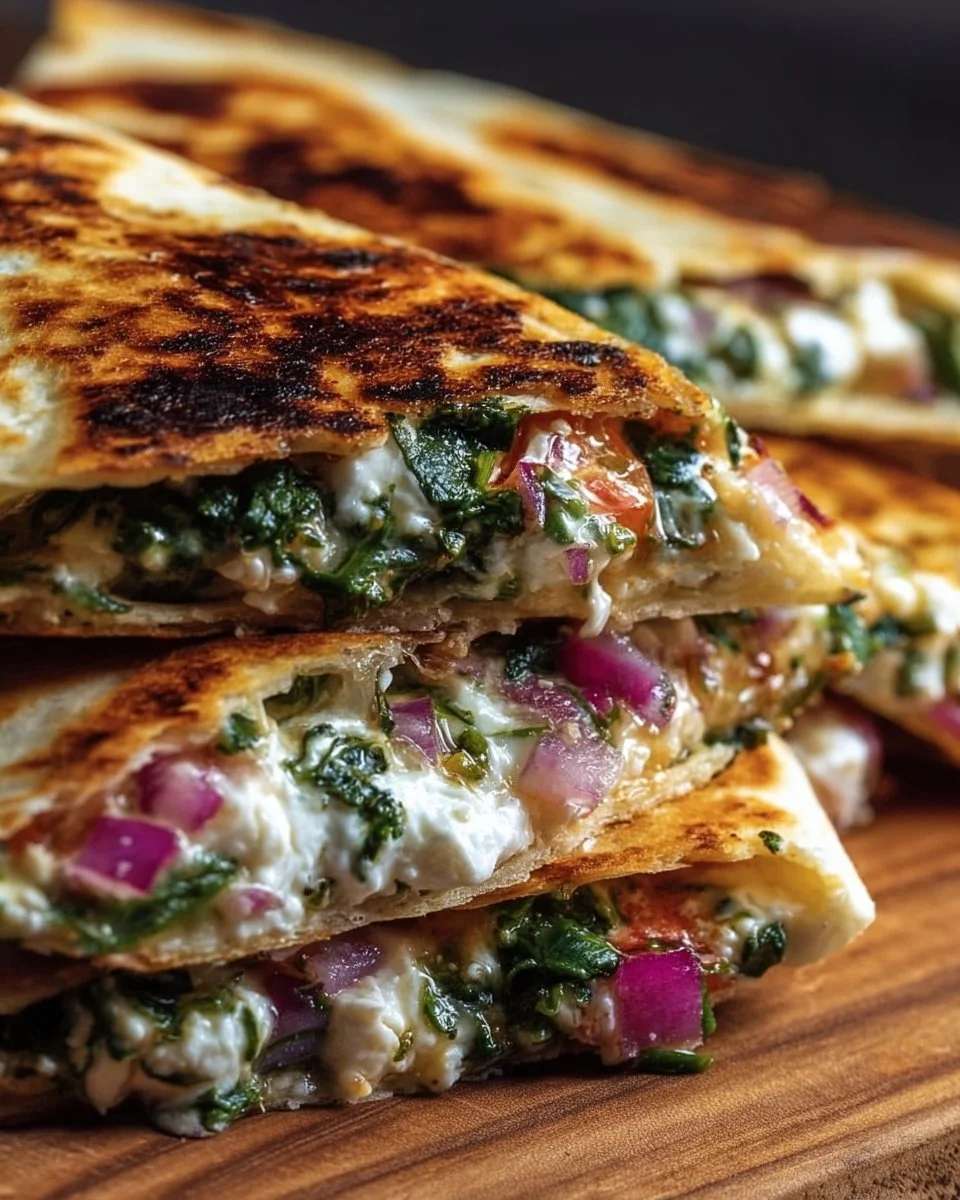 Mediterranean Quesadillas with Spinach, Feta, Mozzarella, and Red Onion
