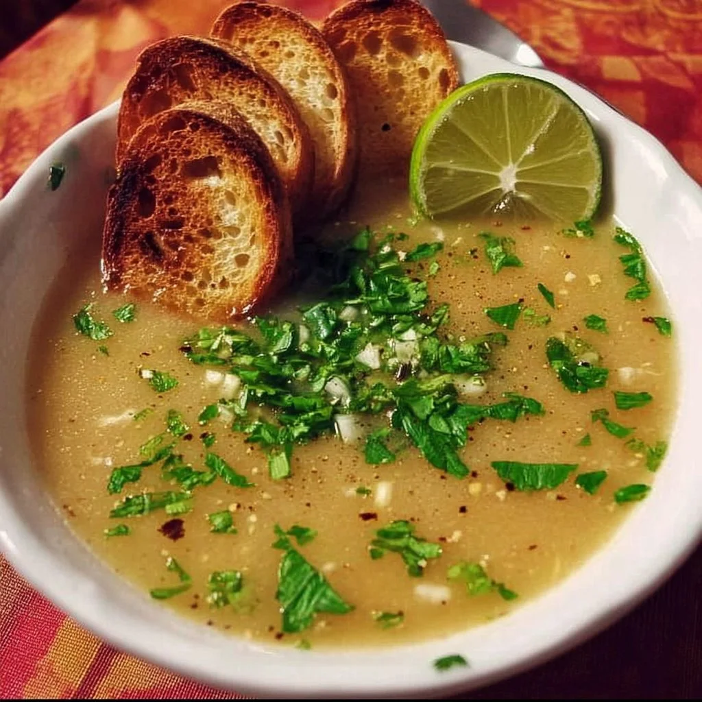 Bowl of Mexican Garlic Soup garnished with herbs and spices