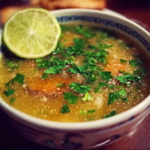 A bowl of flavorful Mexican Garlic Soup garnished with fresh herbs.