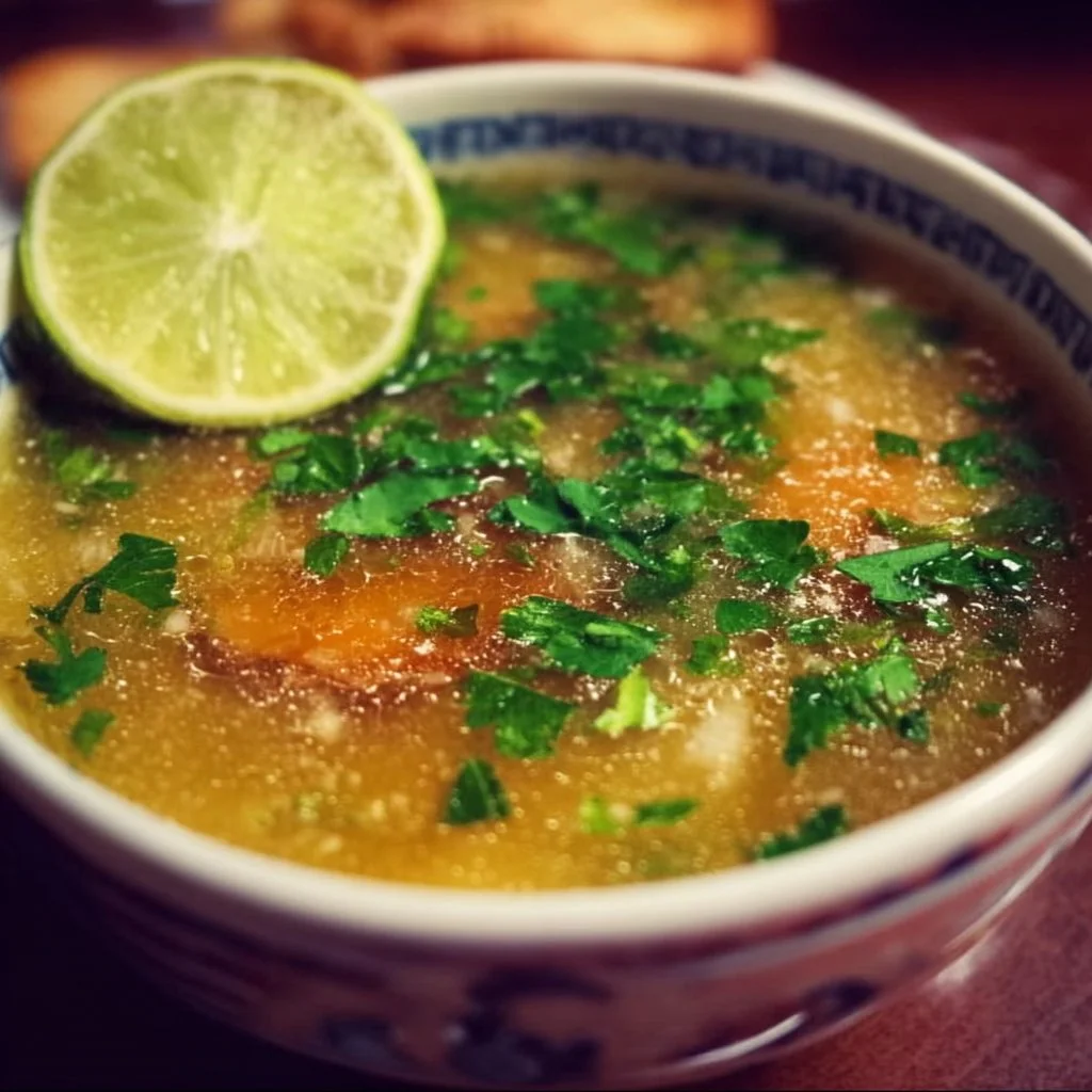 A bowl of flavorful Mexican Garlic Soup garnished with fresh herbs.