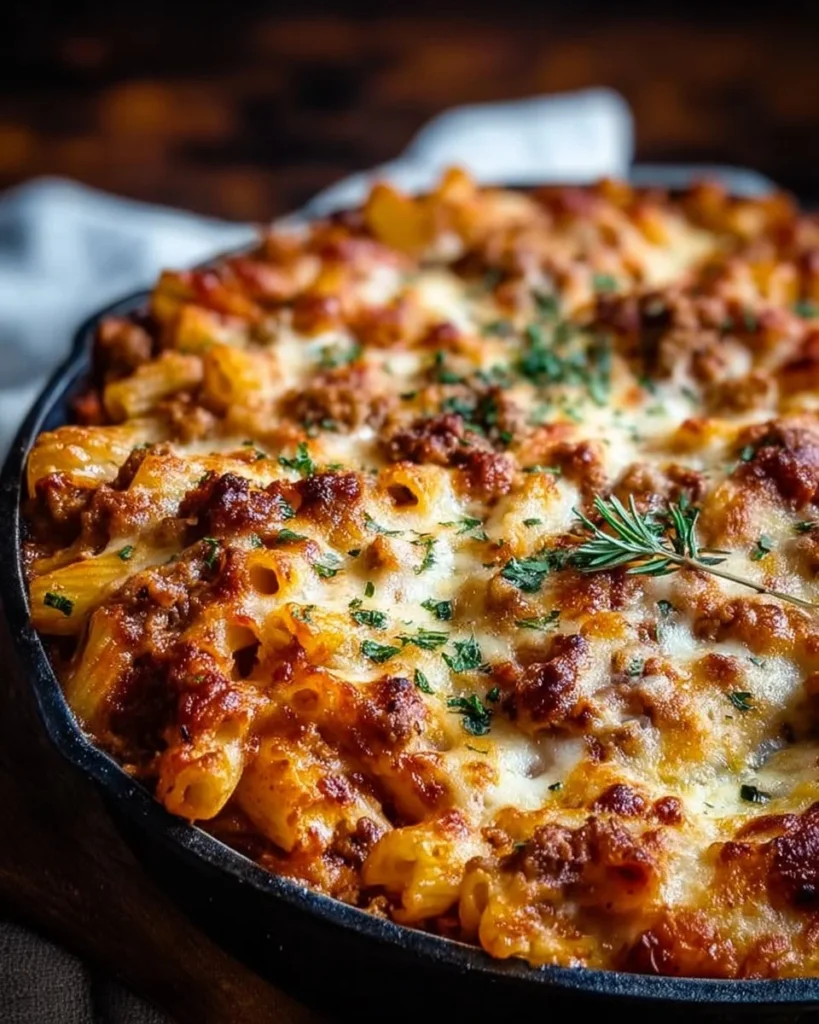 A delicious serving of Million Dollar Baked Ziti garnished with herbs.