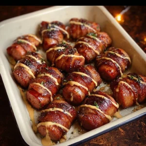 Mustard Hasselback Kielbasa Bites served on a platter with dipping sauce