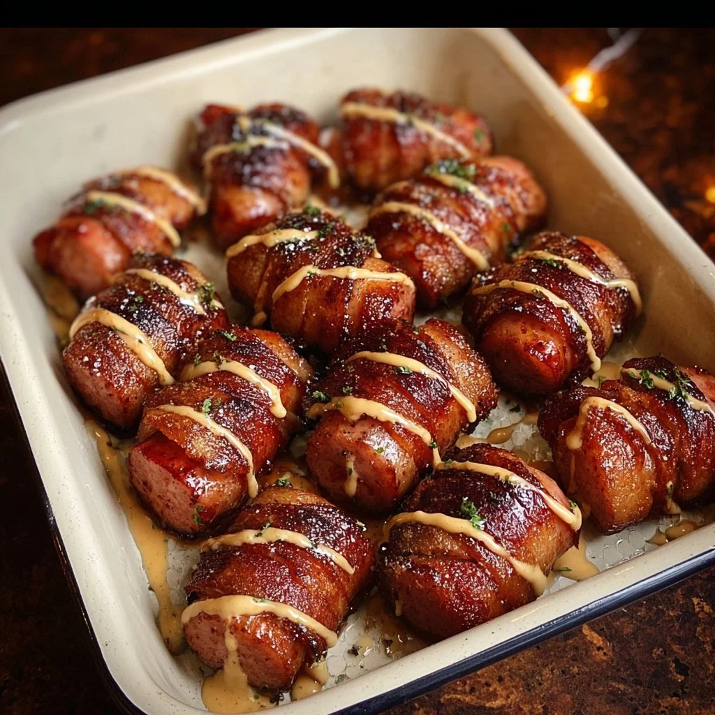 Mustard Hasselback Kielbasa Bites served on a platter with dipping sauce