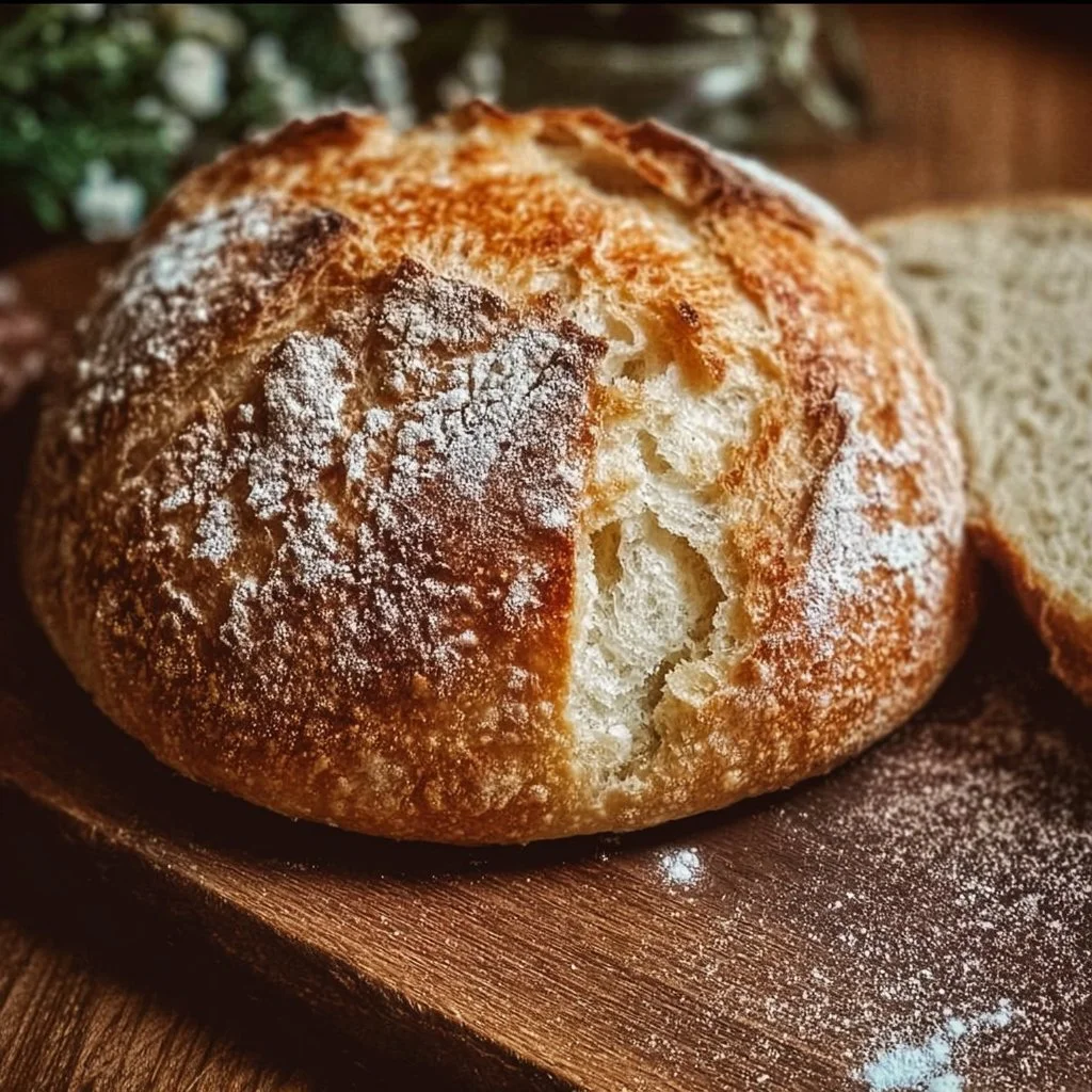 Loaf of No Knead Gluten Free Bread on a wooden cutting board