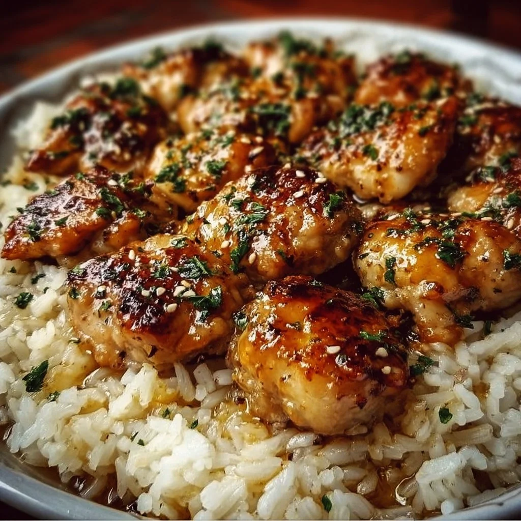 One-Pan Honey Butter Garlic Chicken & Rice cooked with honey, butter, and garlic.