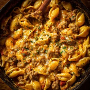One pot cheesy Italian sausage and shells dish ready to serve.