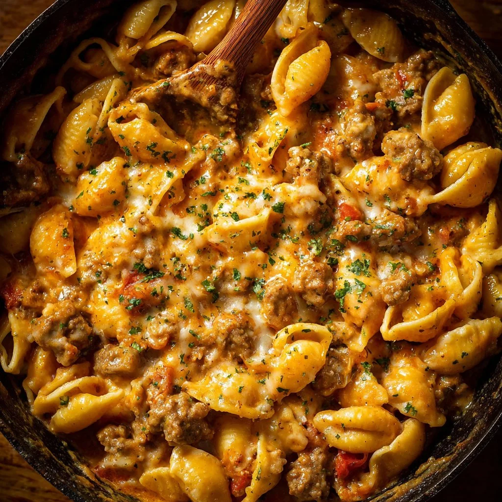 One pot cheesy Italian sausage and shells dish ready to serve.