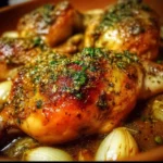 Oven-roasted French garlic chicken garnished with herbs and served on a plate