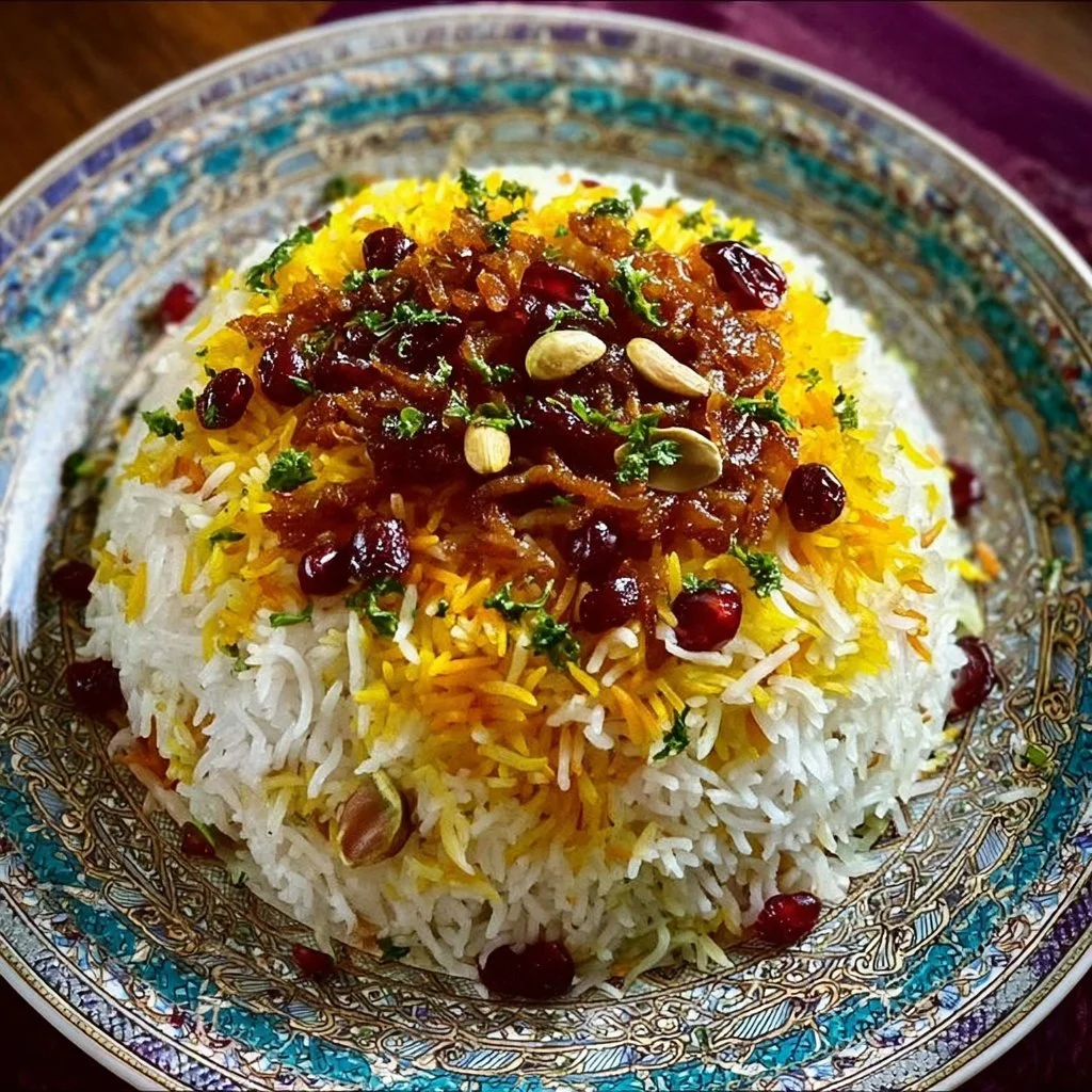 Persian Jeweled Rice garnished with nuts and dried fruits
